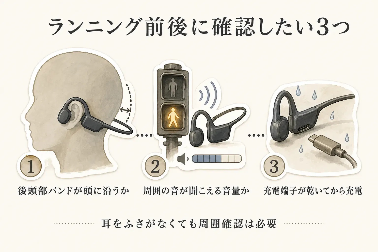ランニング前後に確認したい3項目を示す図。後頭部バンドが頭に沿うか、周囲の音が聞こえる音量か、汗や雨の後は充電端子が乾いてから充電するかを描き、耳をふさがなくても周囲確認が必要と案内している。