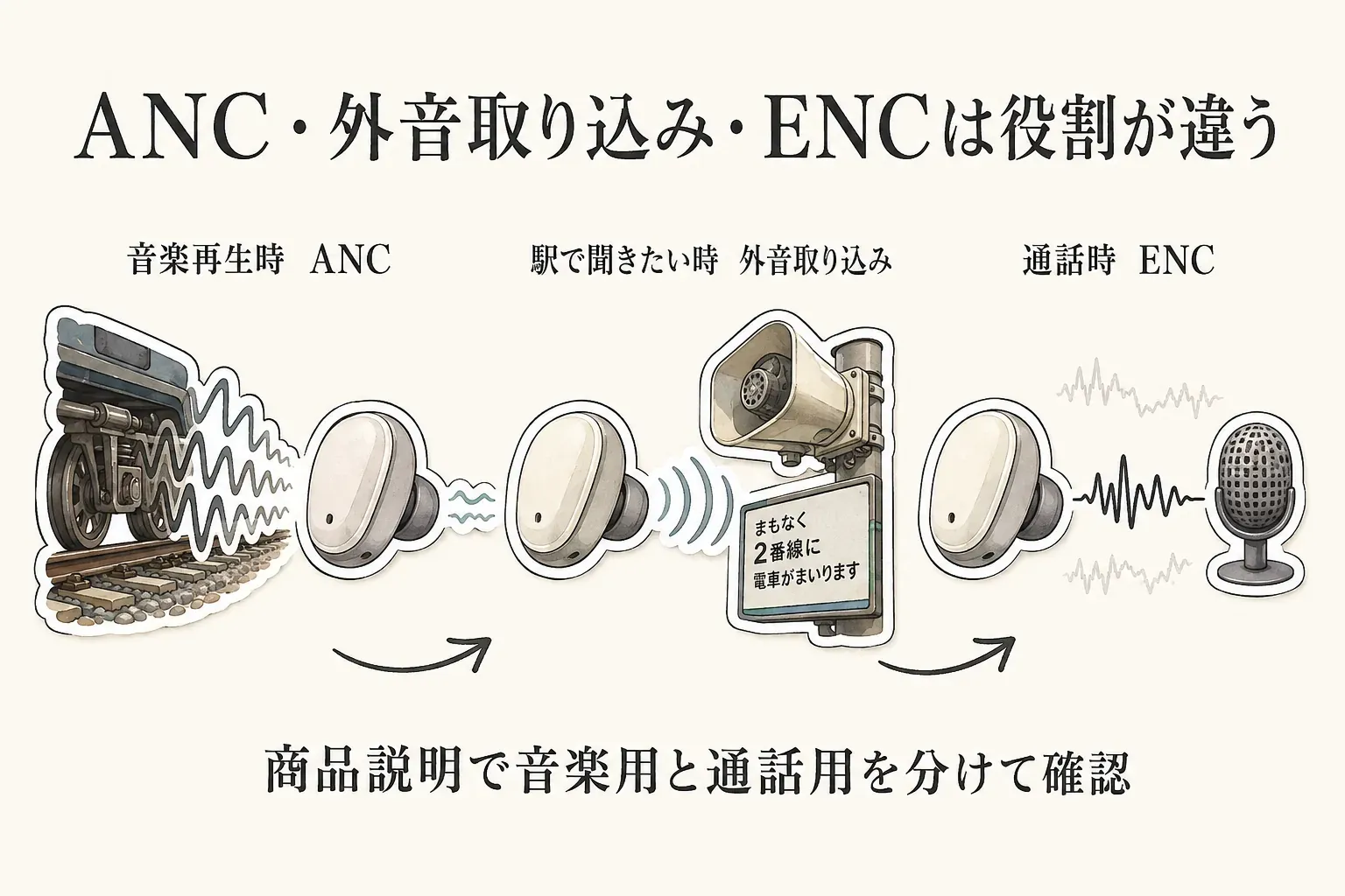 ANC・外音取り込み・ENCの役割を示す図。音楽再生時は電車の騒音を抑えるANC、駅で聞きたい時は周囲の音を取り込む外音取り込み、通話時はマイク周辺の雑音を低減するENCを使い、商品説明では音楽用と通話用を分けて確認すると説明している。